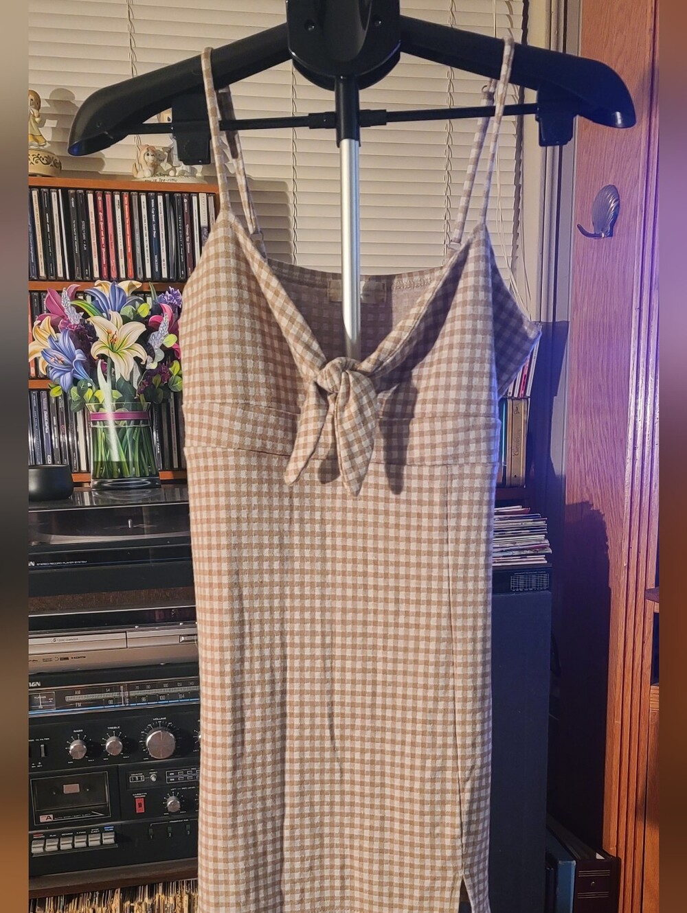 Altar'd State Beige and White Gingham Tie-Front Midi Dress